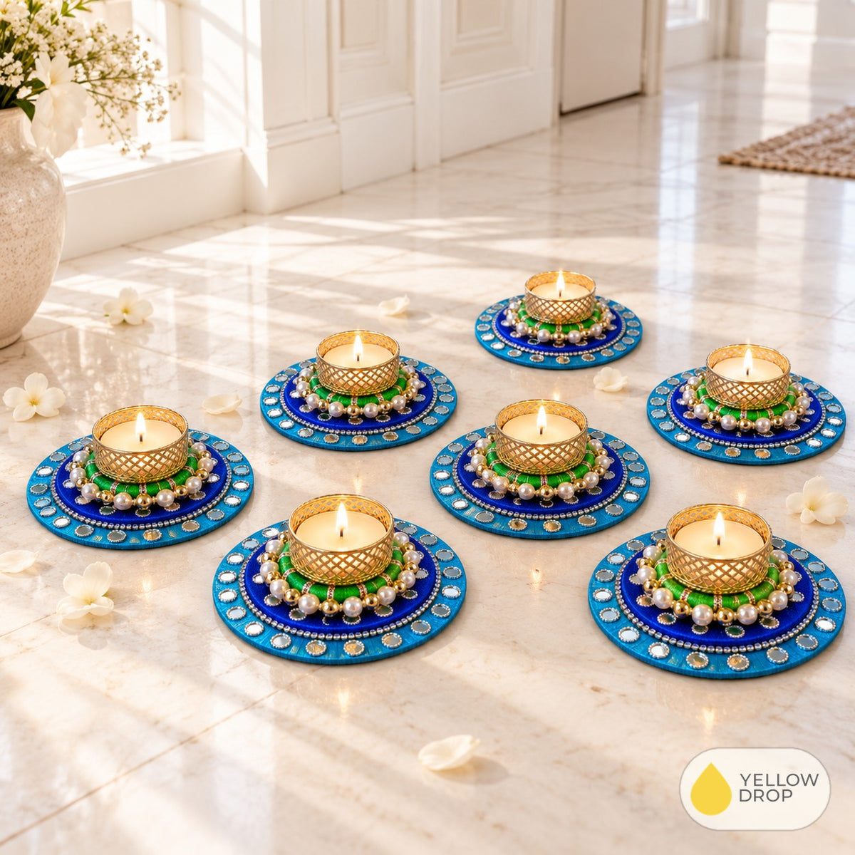 Blue Mirror Tealight Holders in a hallway
