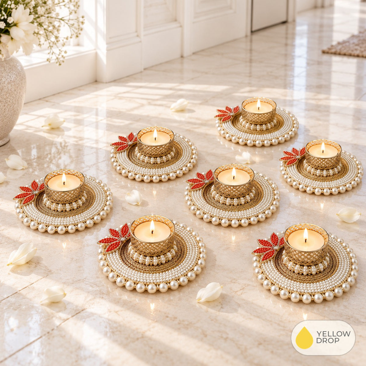 Pearl Red Leaf Tealight Holders in a hallway