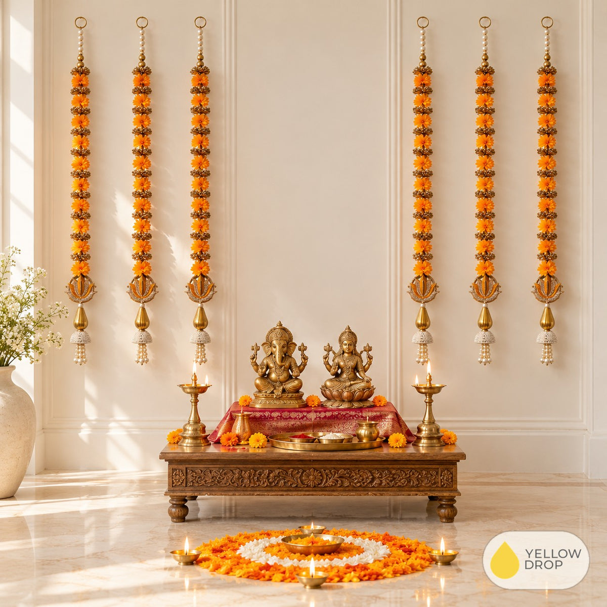 Orange Marigold Hangings as a Diwali puja backdrop