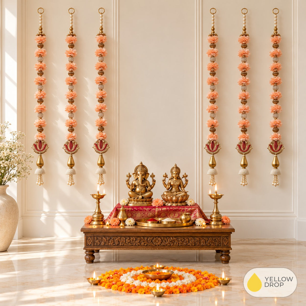 Peach Flower Hangings as a Diwali puja backdrop