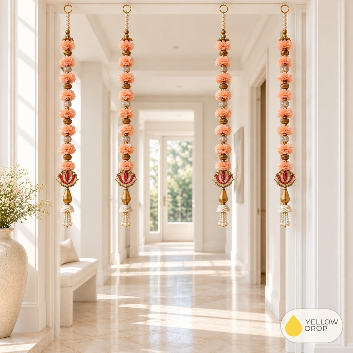 Peach Flower Hangings in a hallway