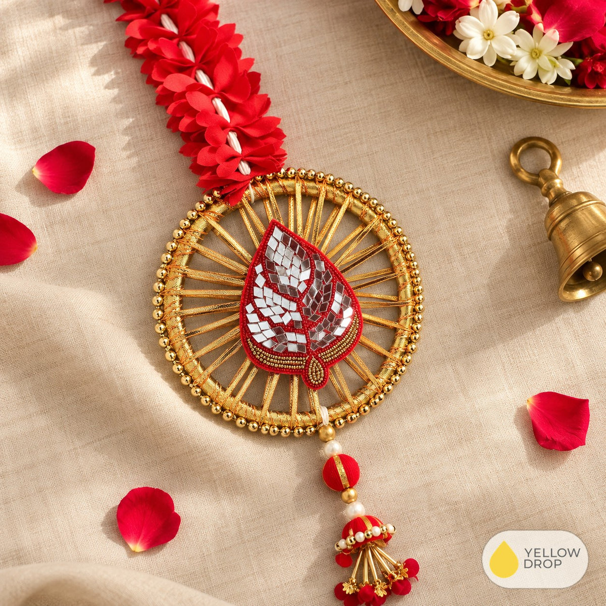 Festive Golden Wheel Ornament on Linen