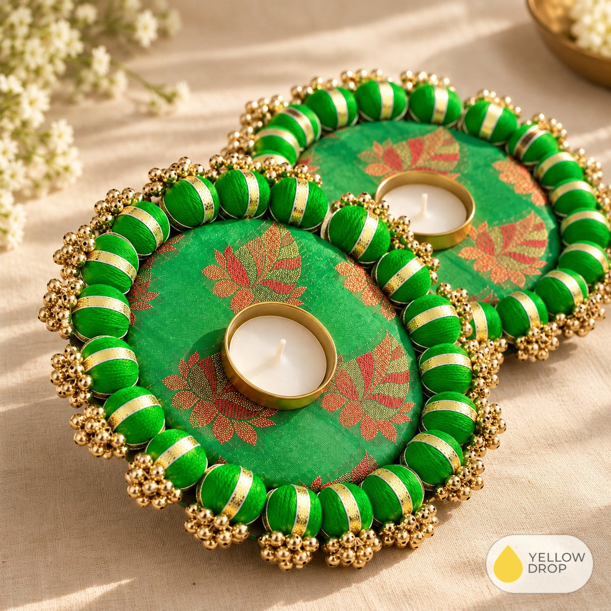 Festive Green and Gold Diya Holders