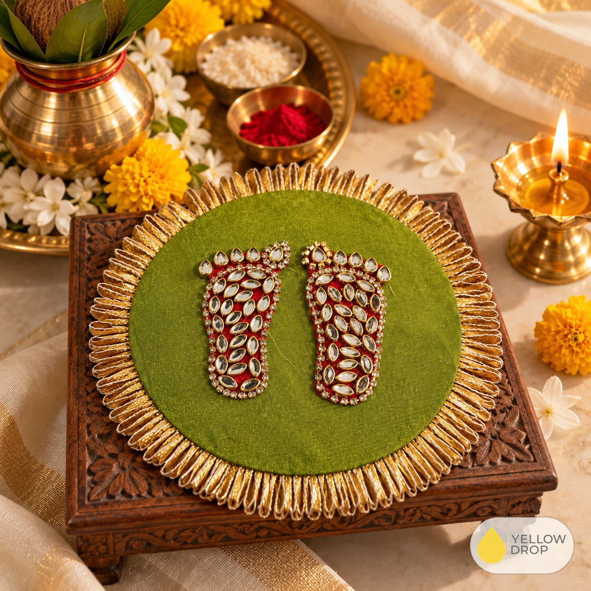 Jeweled Footprints in a Festive Puja Altar