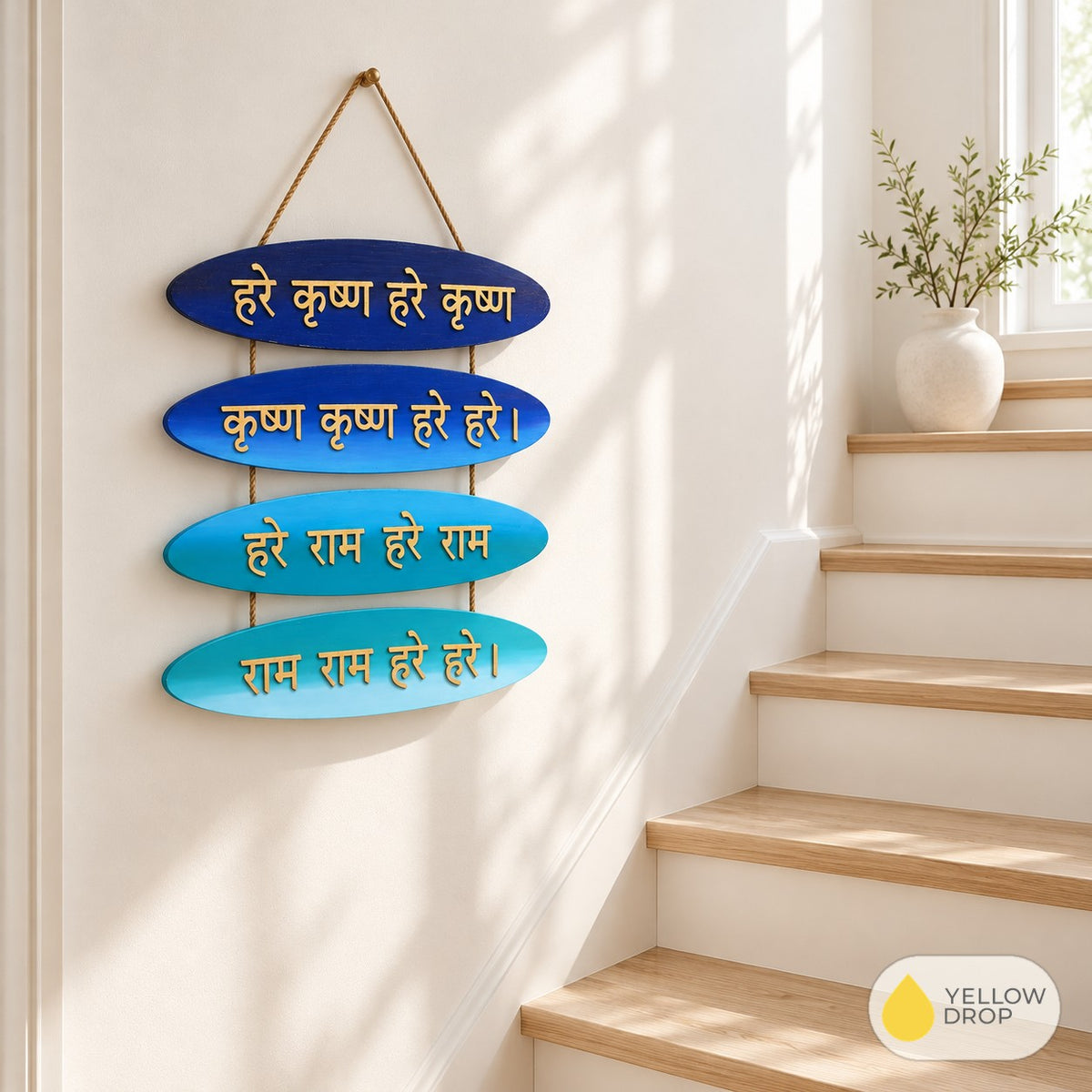 Scandinavian Staircase with Blue Sanskrit Sign