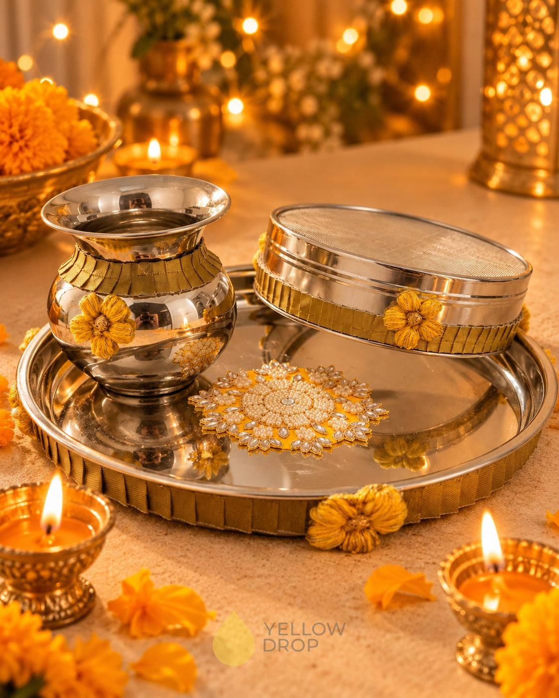 Karwa Chauth thali, gadvi and channi set styled with diyas
