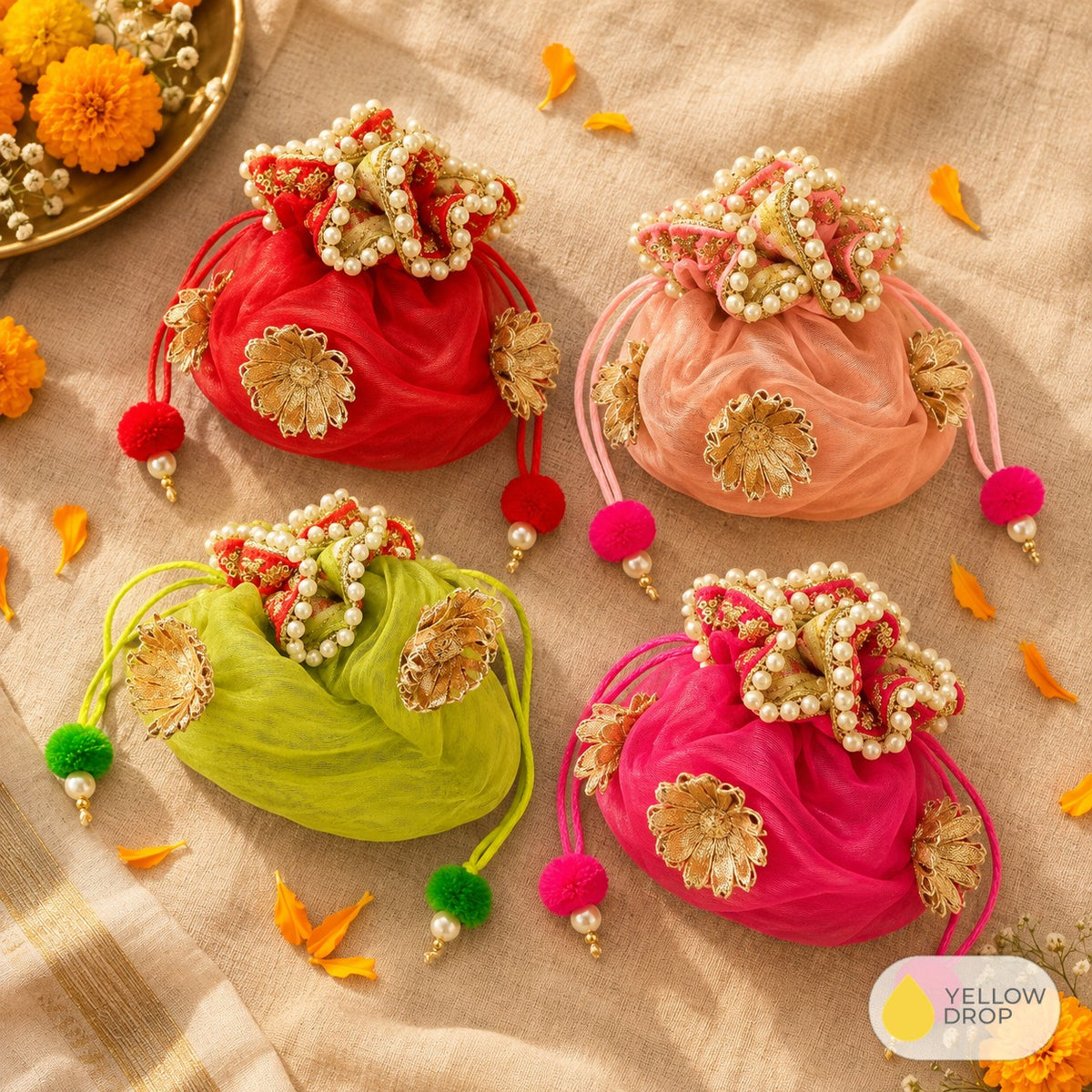 Gota potli bags in red, pink, green and peach
