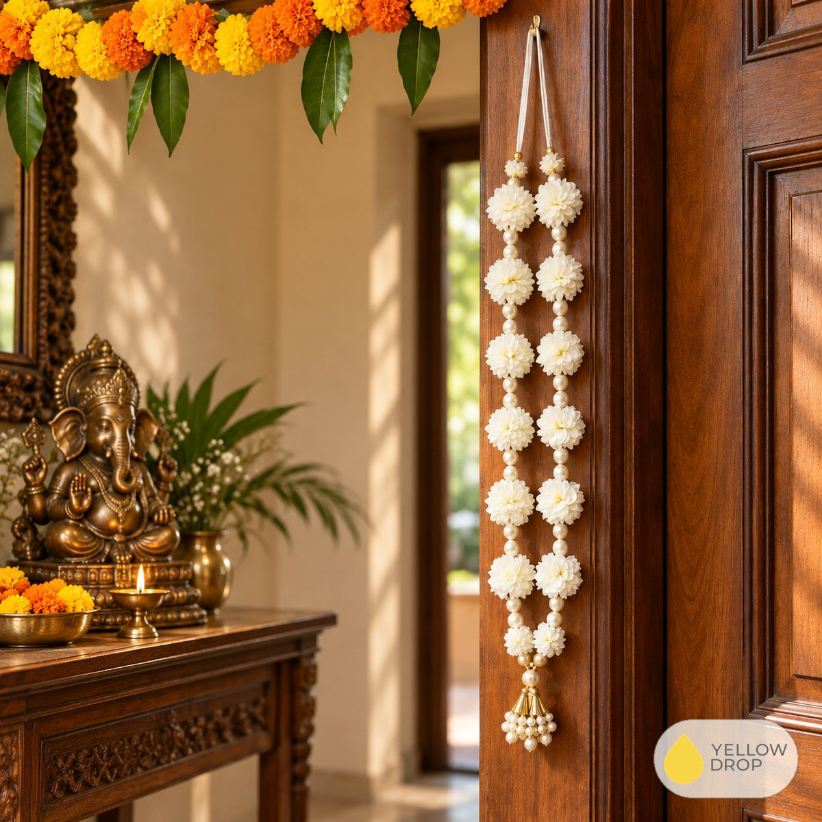White flower garland on a door frame
