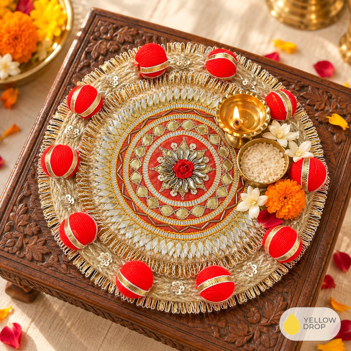 Gota patti platter as a puja thali with diya