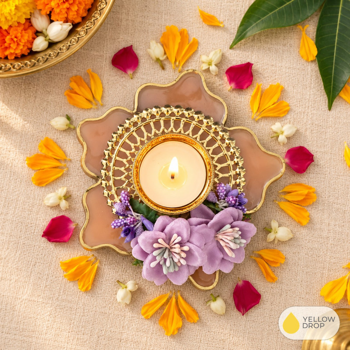 Peach floral petal tealight holder lit