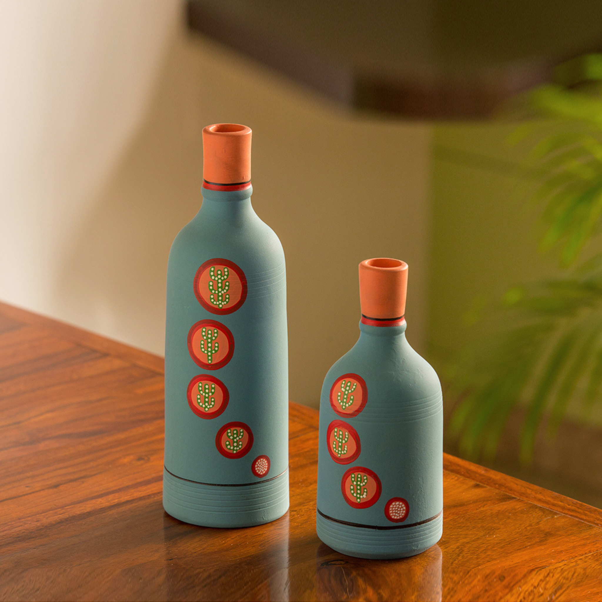 Bottle Vase - Hand Painted - Turquoise (Teracotta)