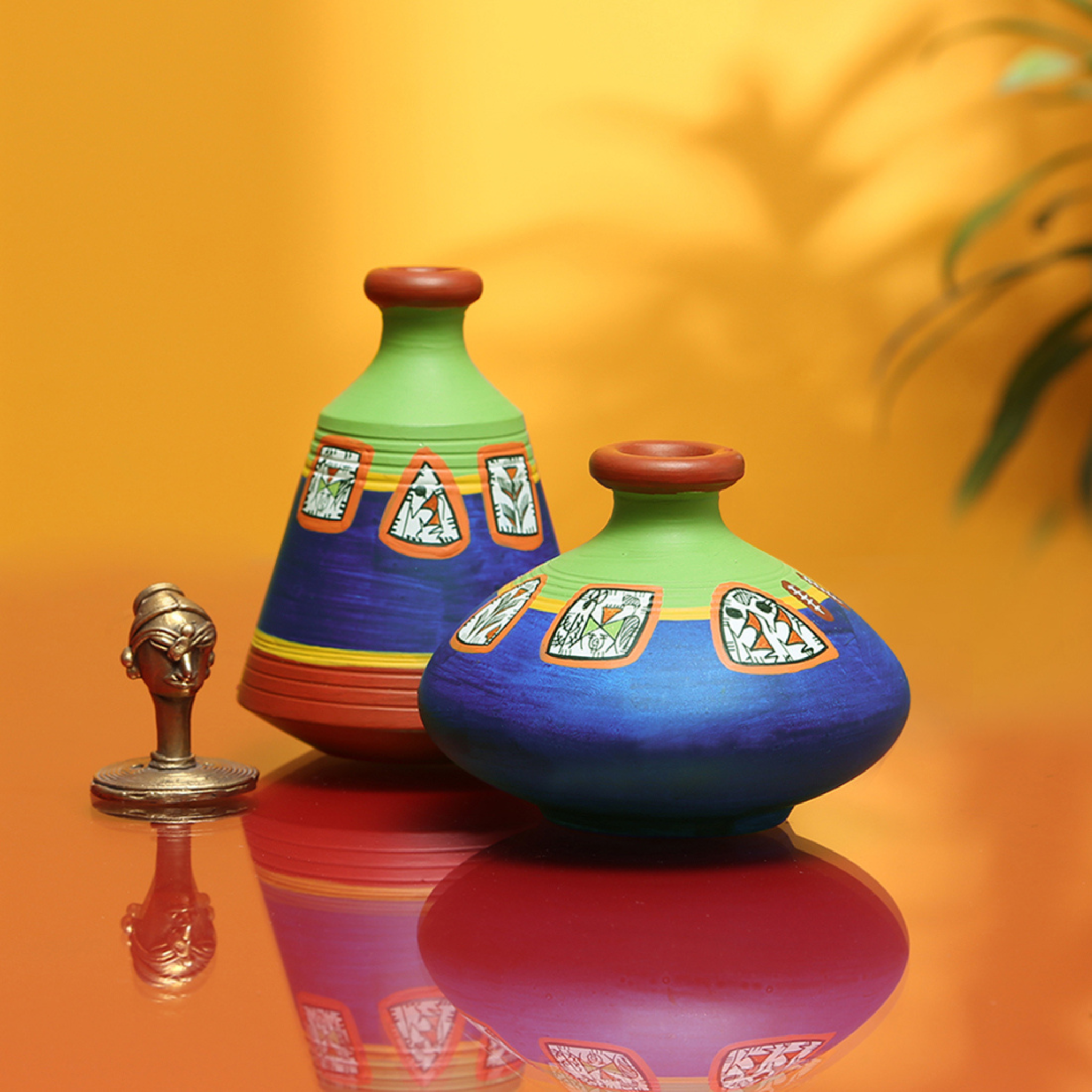 Vase - Handpainted Warli Blue/Green Base (Teracotta)