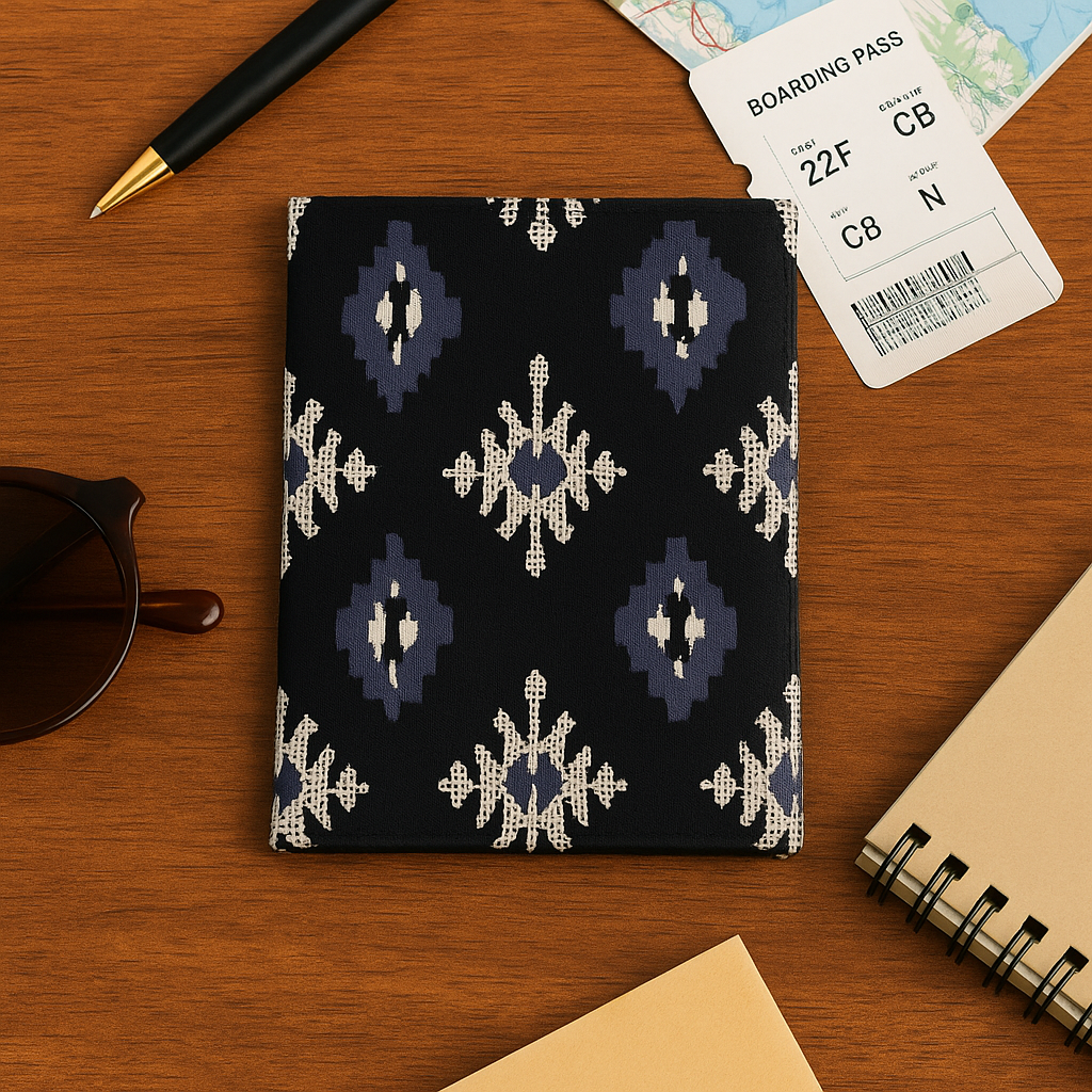 Fabric Passport Cover - Black with Block Print