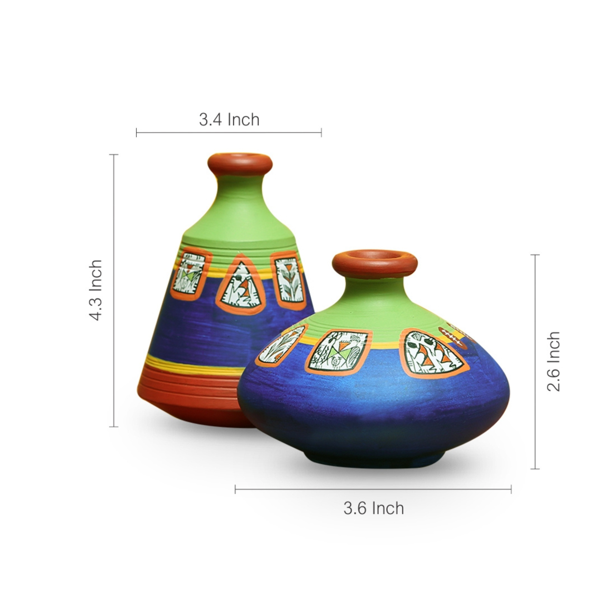 Vase - Handpainted Warli Blue/Green Base (Teracotta)