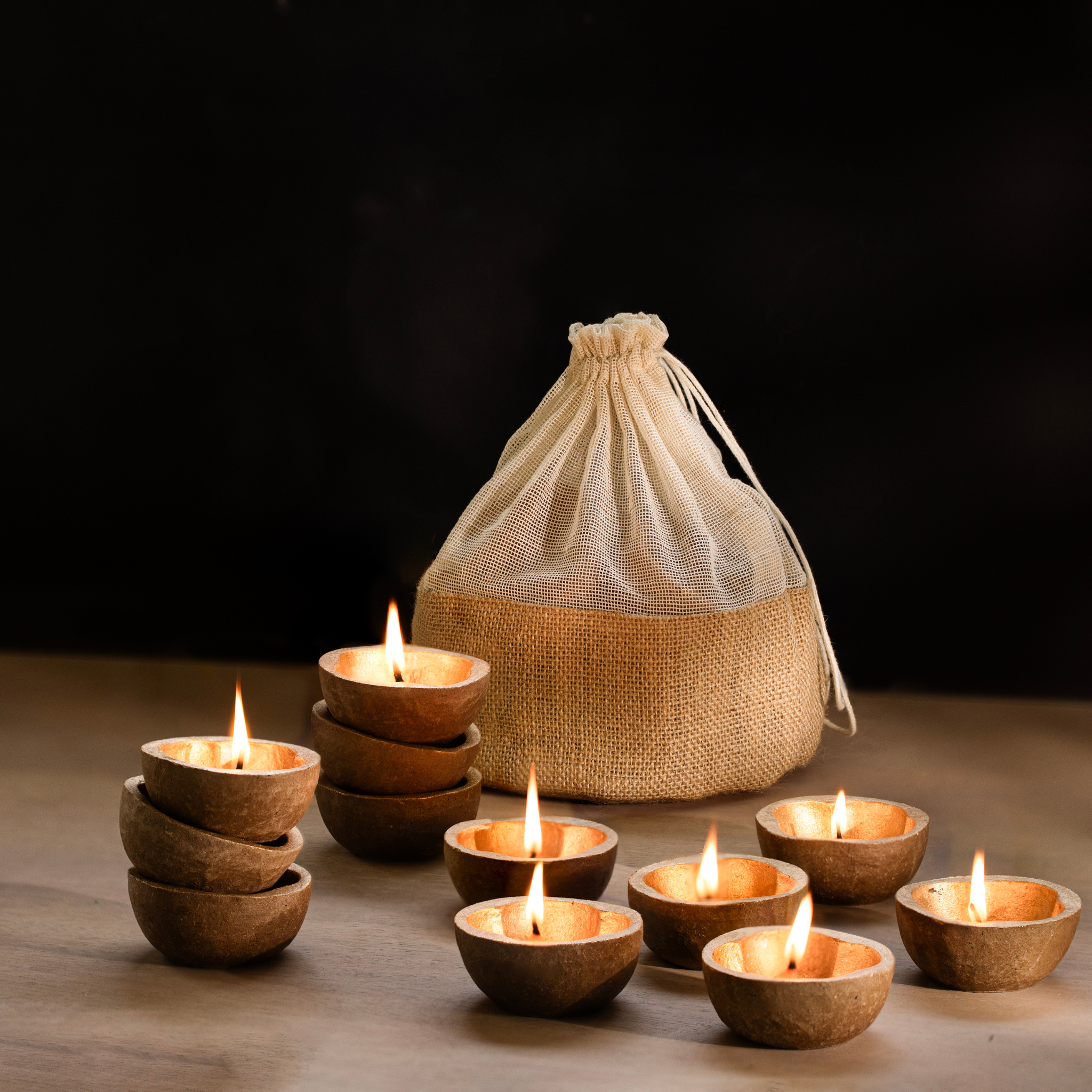 Diya set of 12 - Gold Plain