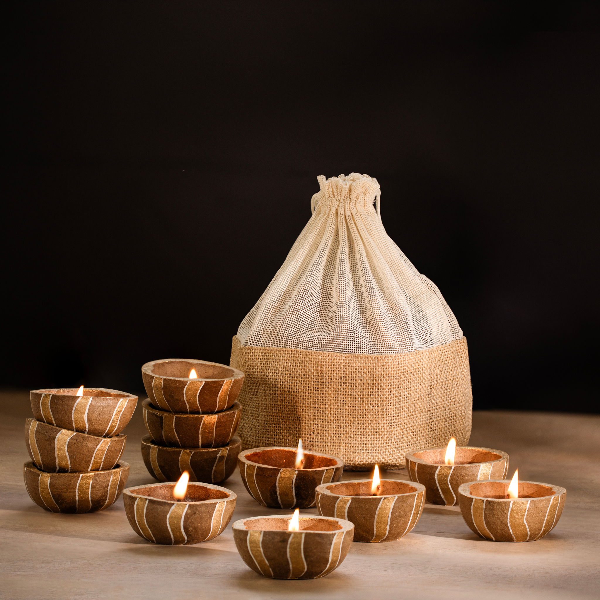 Diya set of 12 - AuraGold Stripes