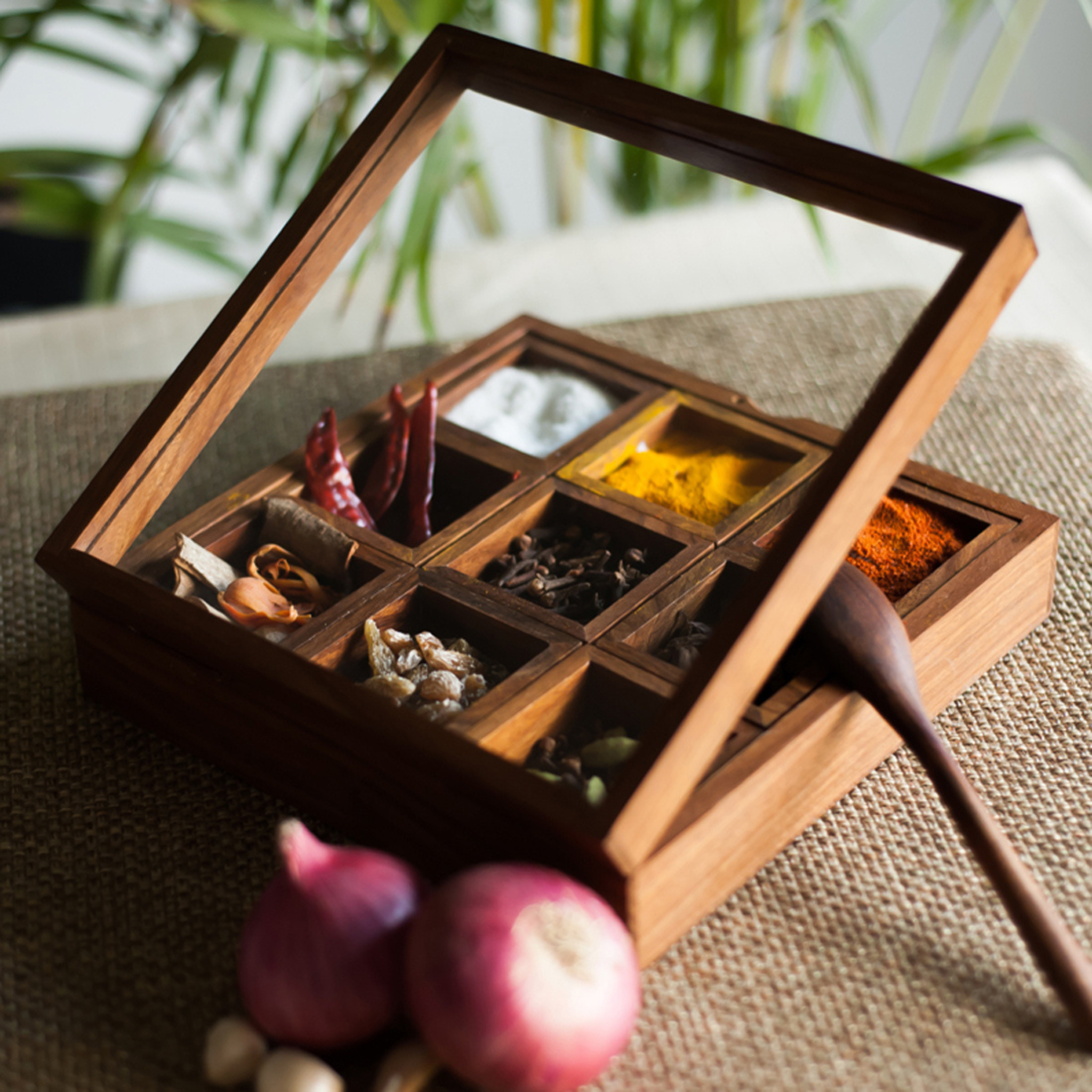 Spice Box - Nine Savors in Sheesham Wood with spoon (9 containers)