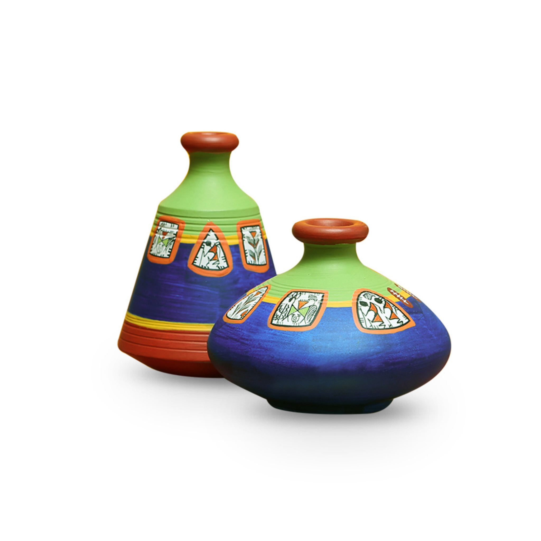 Vase - Handpainted Warli Blue/Green Base (Teracotta)