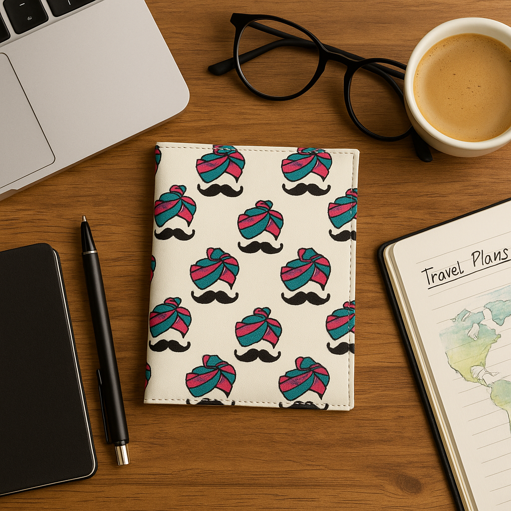 Fabric Passport Cover - White with Mustache
