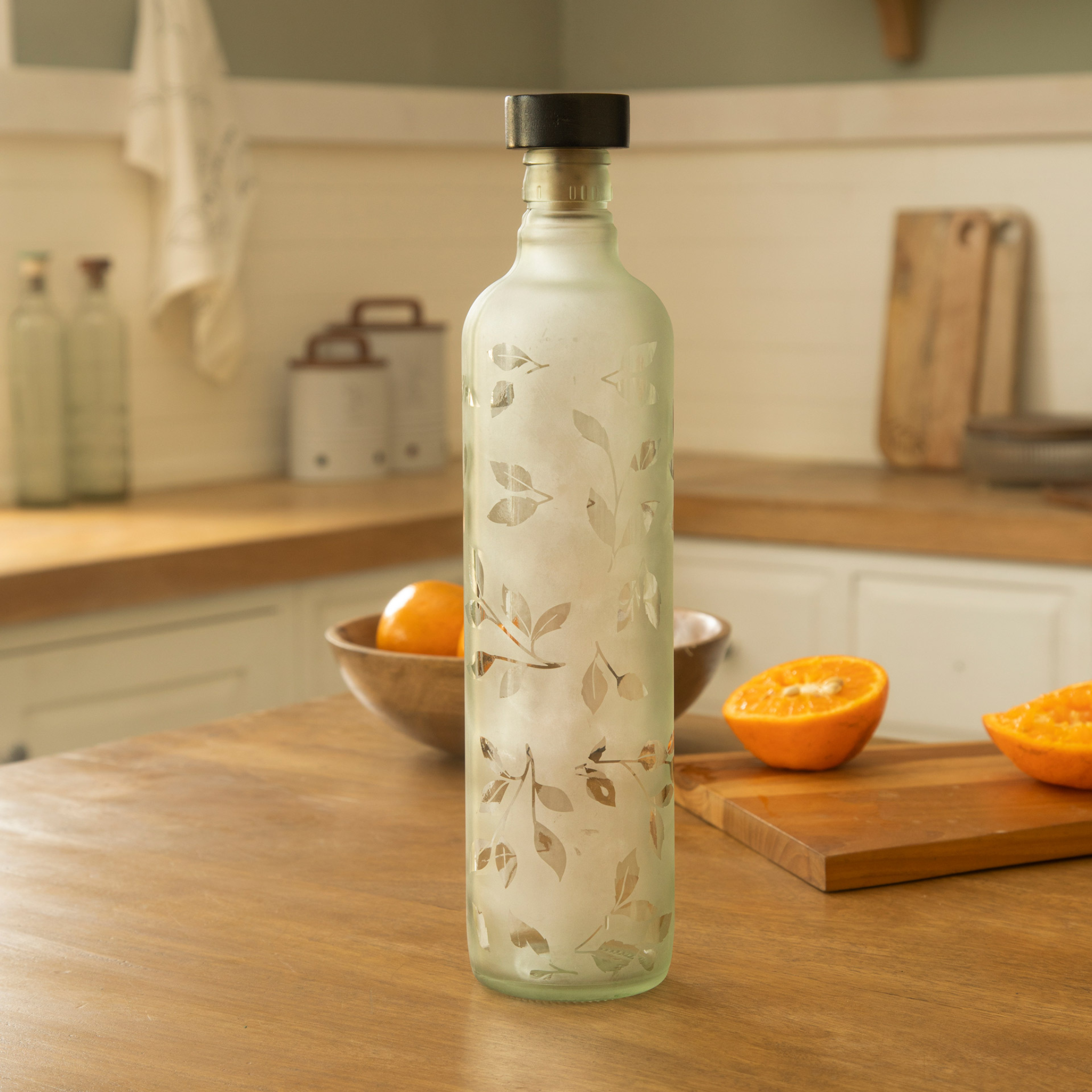 Frosted Leaf Glass Bottle W/Black Wood Stopper
