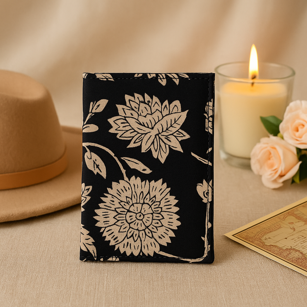 Fabric Passport Cover - Black with Flower Print