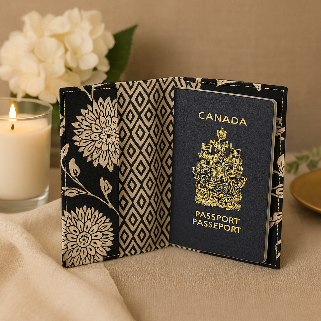 Fabric Passport Cover - Black with Flower Print