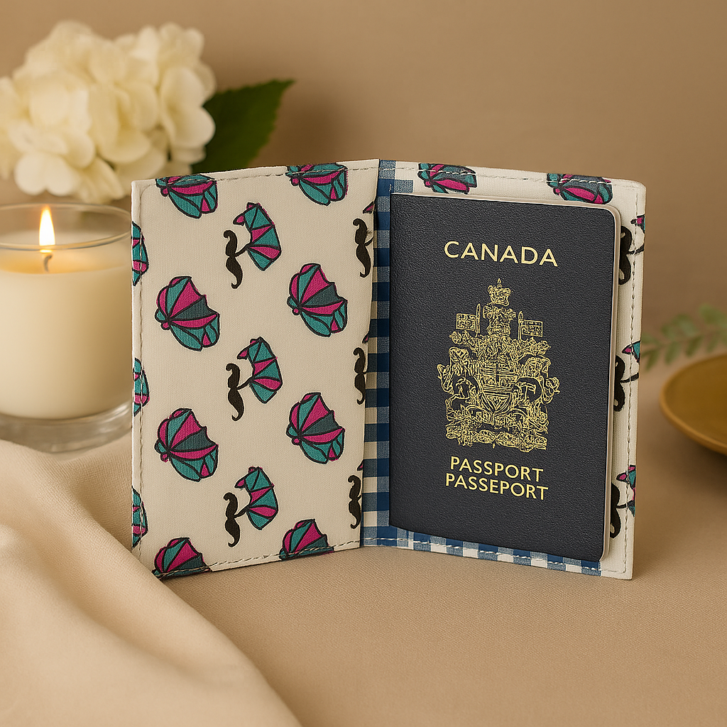 Fabric Passport Cover - White with Mustache