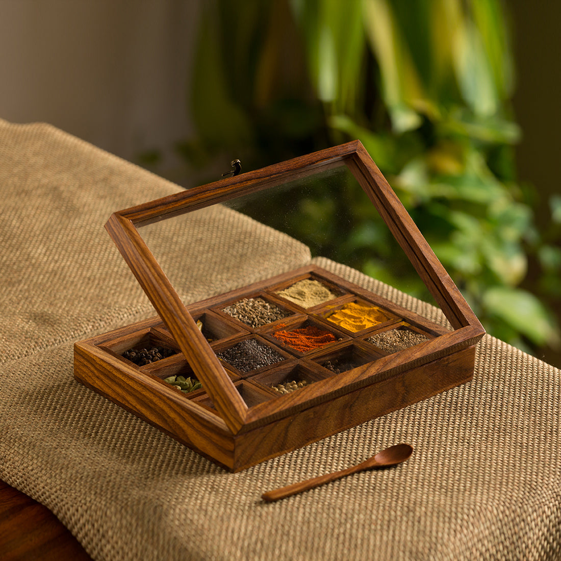 Spice Box - Twelve Treasures in Sheesham Wood with spoon (12 containers)