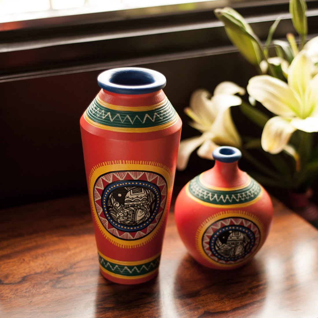 Vase - Handpainted Madhubani Orange Base (Teracotta)