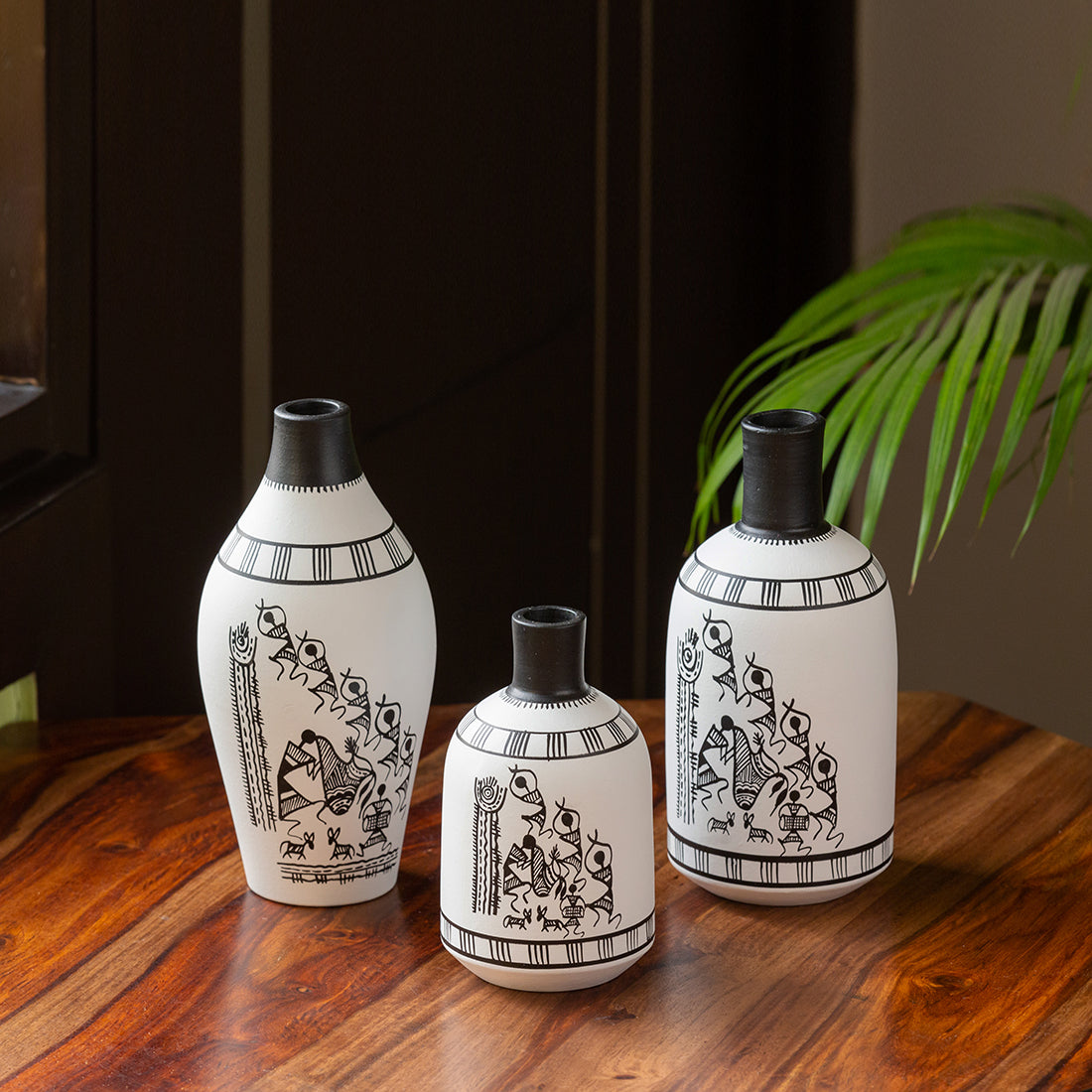 Vase - Handpainted Warli White Base (Teracotta)