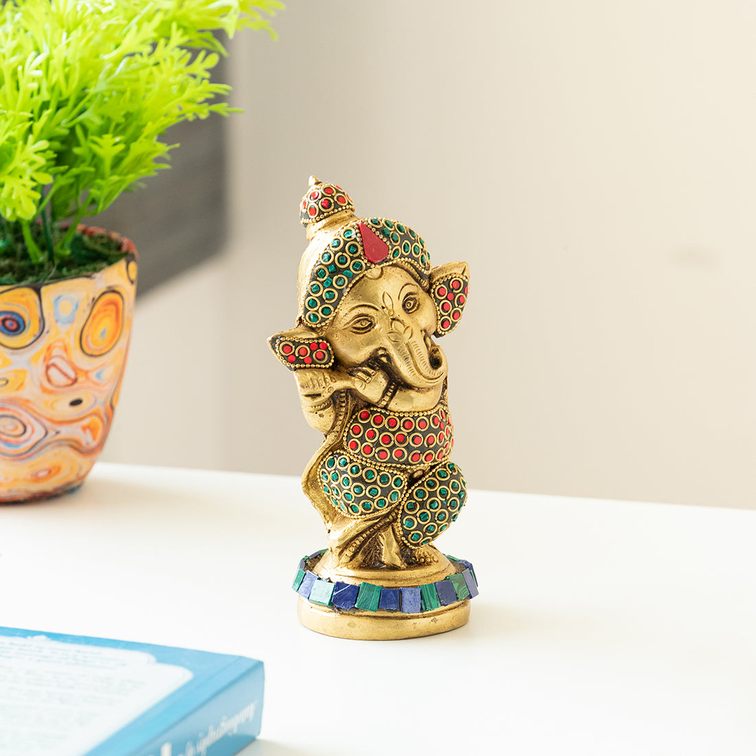 Ganesha with Flute (Hand-etched in Brass)