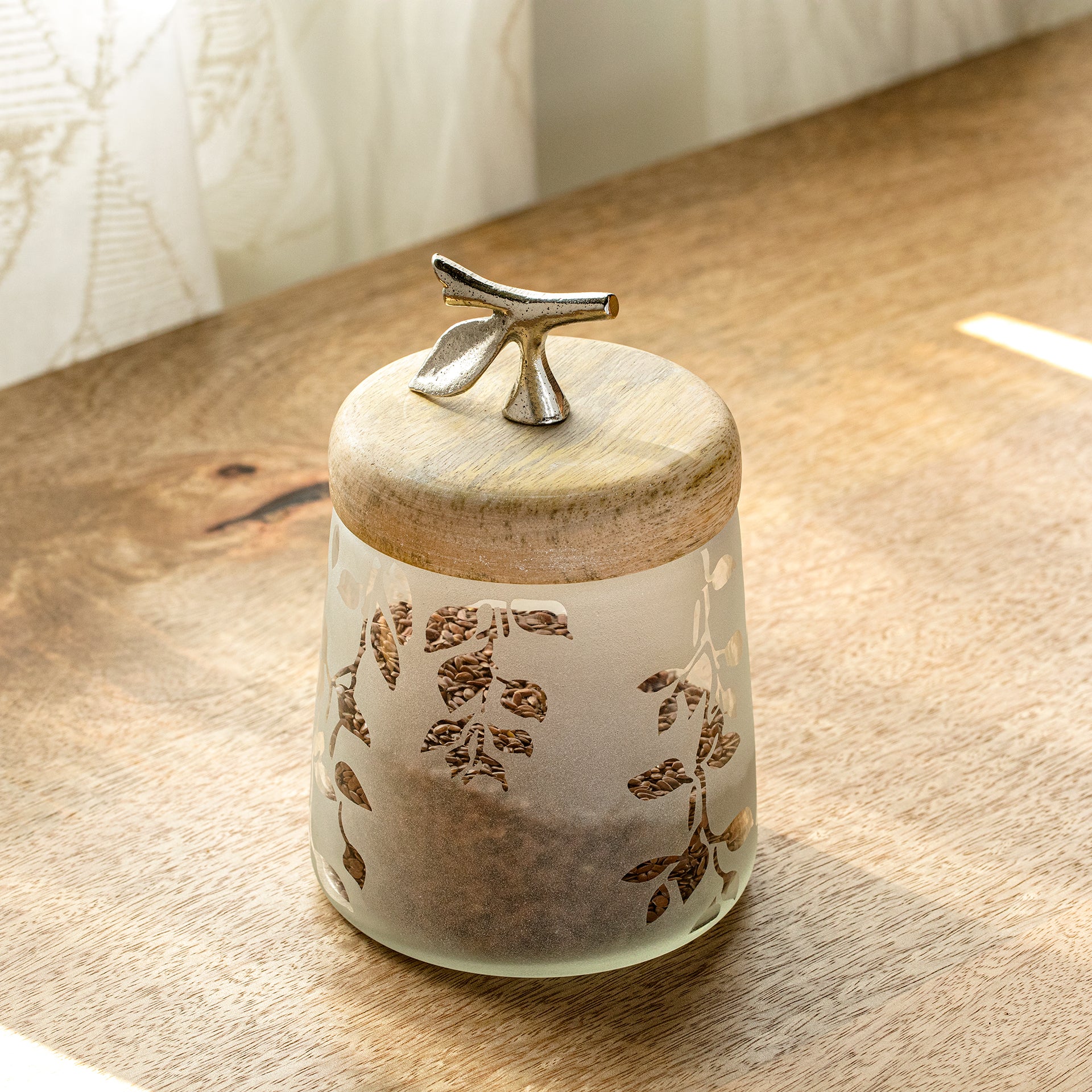 Glass Jar with wooden Lid - Frosted Oak