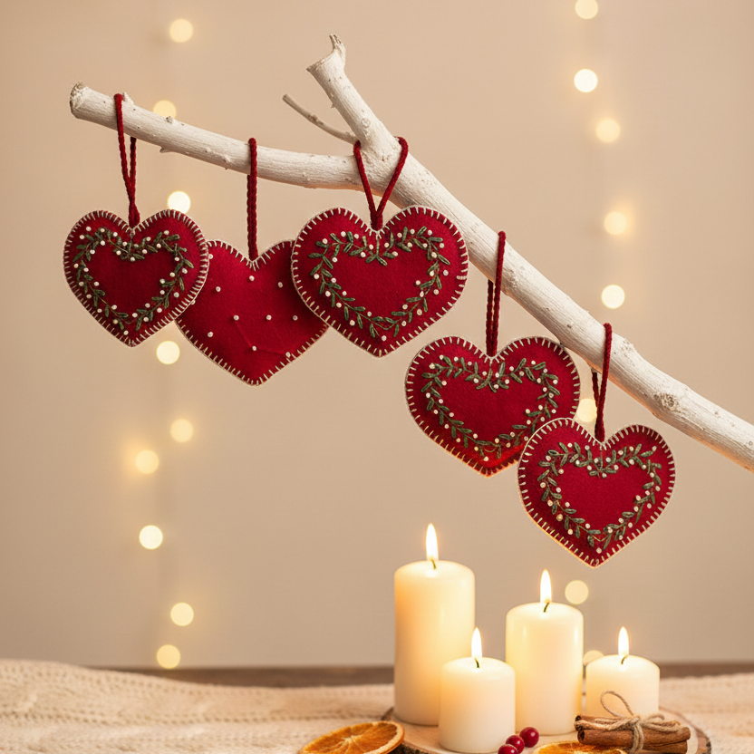Artisan Stitched Red Fabric Heart Ornament