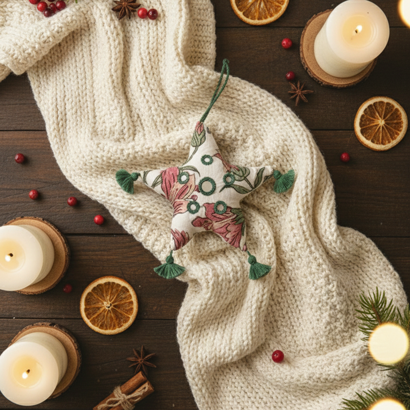 Artisan Stitched Holiday Decor - Fabric Sage Star - Green