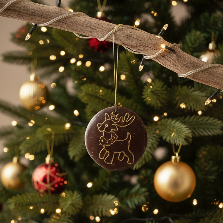 Hand-Carved Coconut Shell Christmas Ornament – Reindeer
