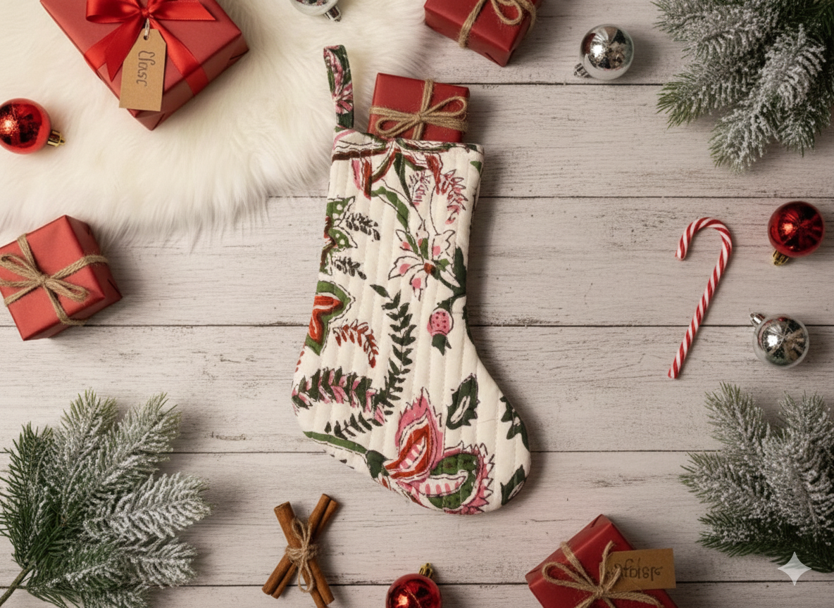 Christmas Stocking – Floral Holiday Mantel Décor (White/Green/Red)