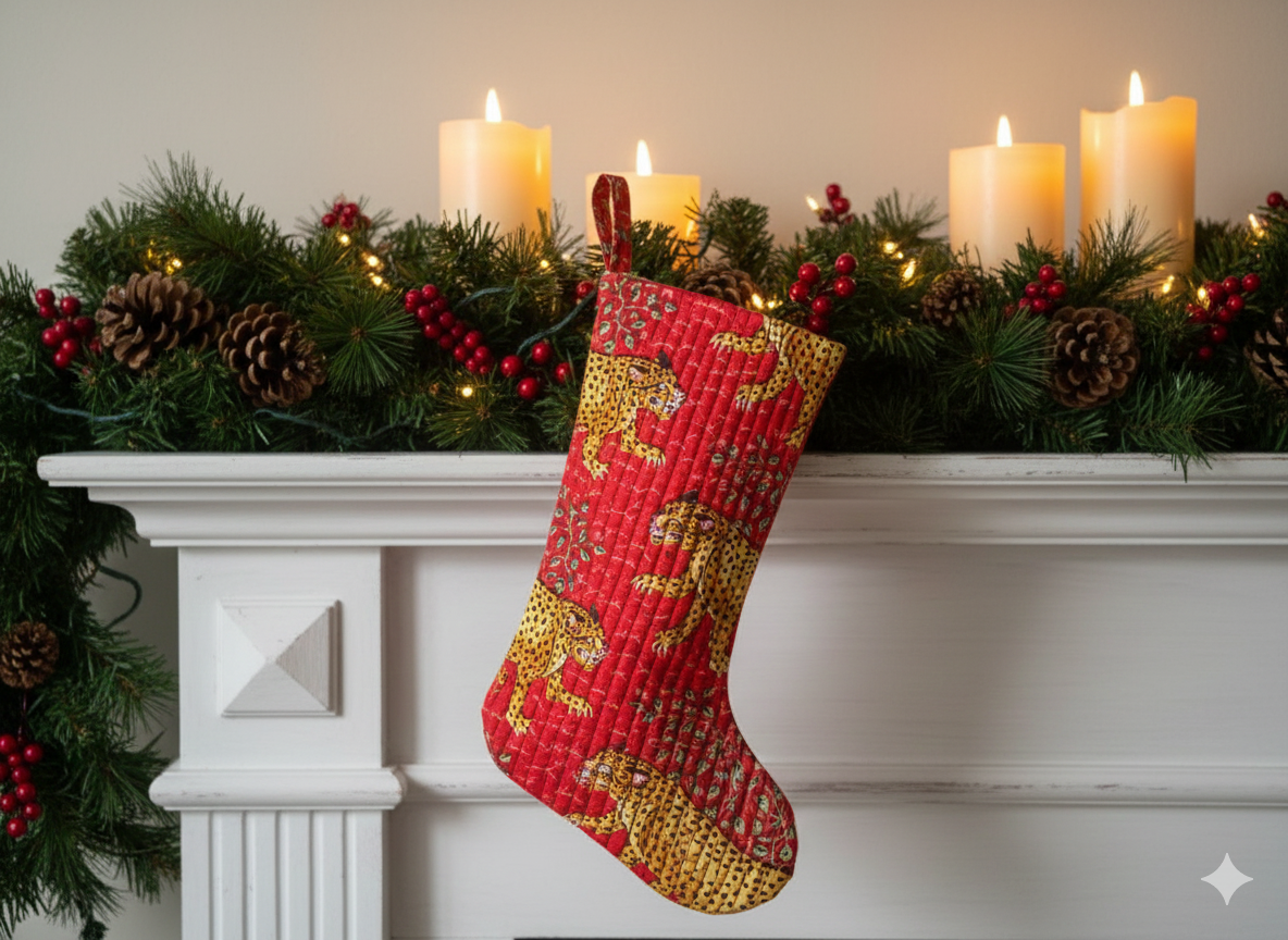 Handmade Kantha Christmas Stocking – Red Leopard Print Holiday Décor