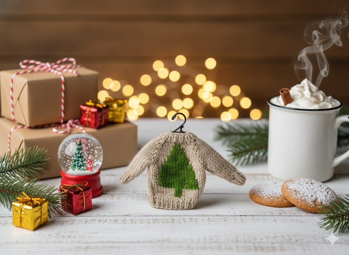 Hand-Stitched Mini Sweater Gift/Ornament (Beige) – 5”