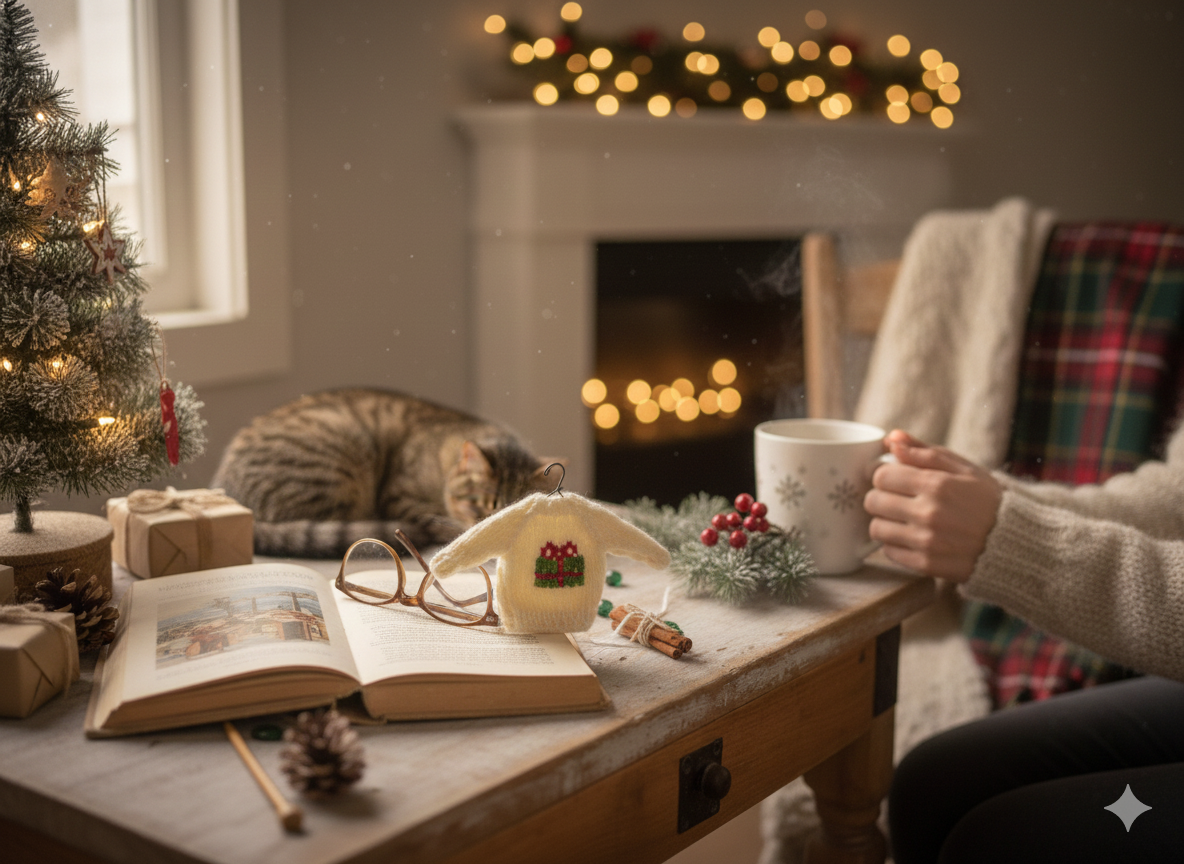 Hand-Stitched Mini Sweater Gift/Ornament (White with Gift Box stitch) – 5”