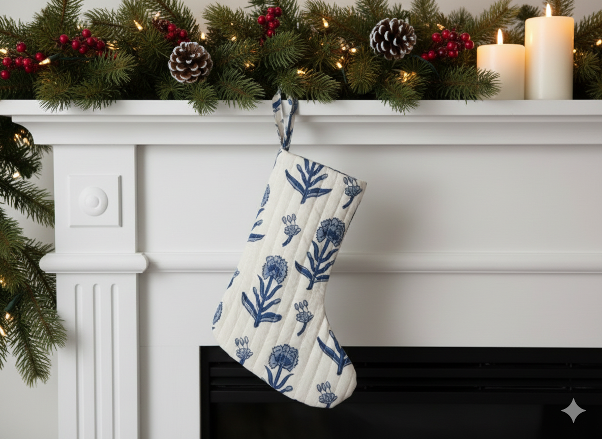 Christmas Stocking – Handamde Block Print Holiday Décor (White & Blue)