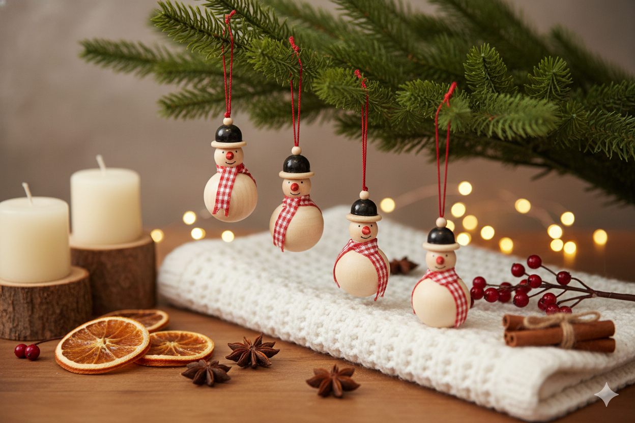 Handmade Wooden Snowman Ornament – Natural Christmas Tree Decor