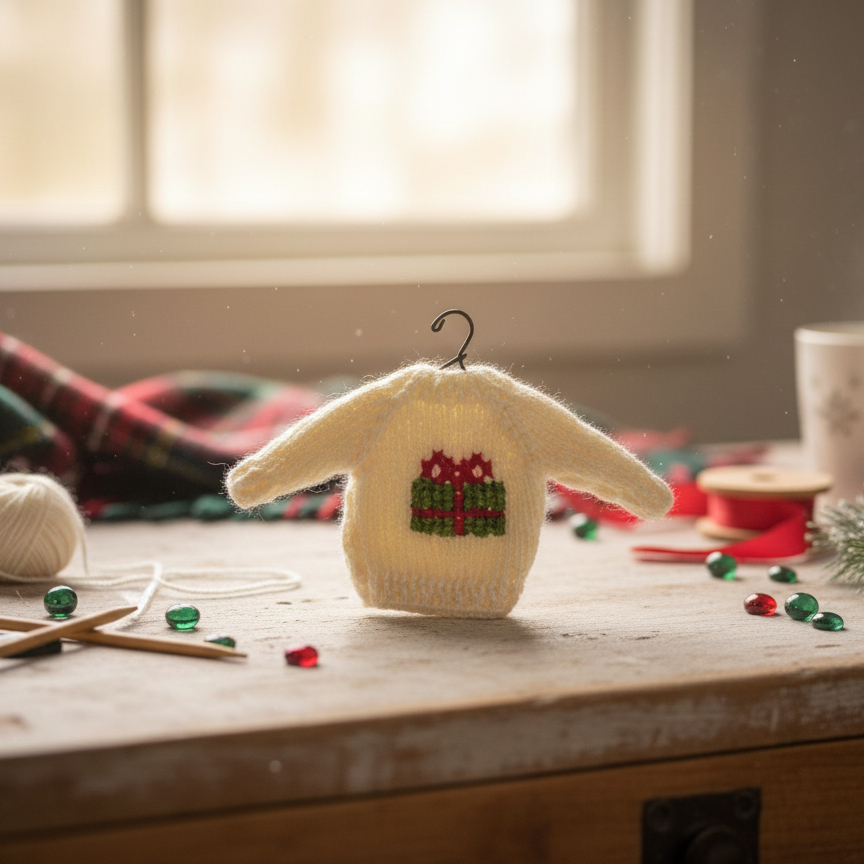 Hand-Stitched Mini Sweater Gift/Ornament (White with Gift Box stitch) – 5”