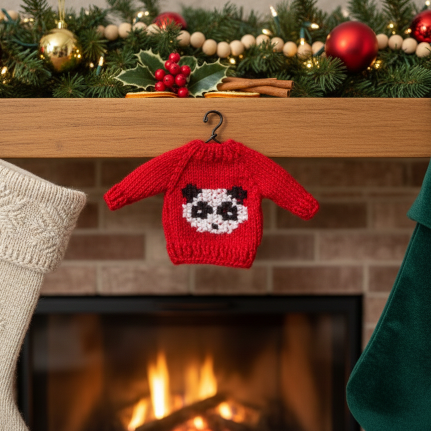 Knitted panda sweater hanging on a fireplace mantel with stockings.
