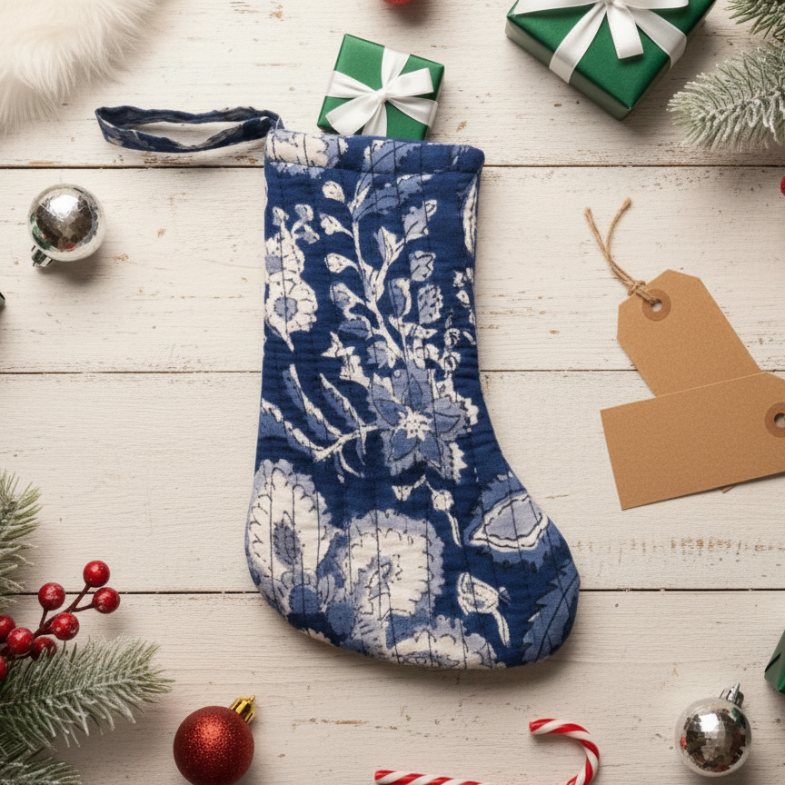 Christmas Stocking – Handmade Quilted Holiday Décor (Indigo Block Print)