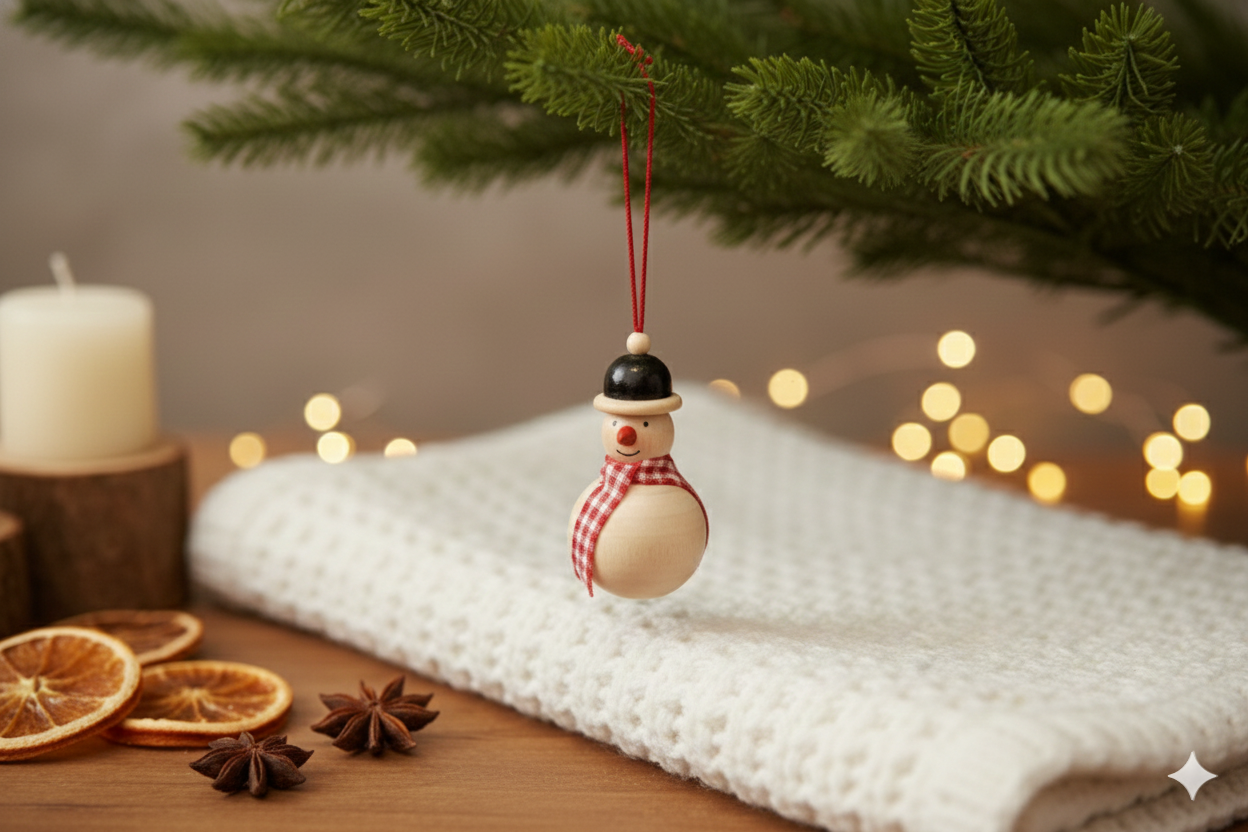 Handmade Wooden Snowman Ornament – Natural Christmas Tree Decor
