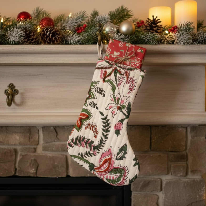 Christmas Stocking – Floral Holiday Mantel Décor (White/Green/Red)