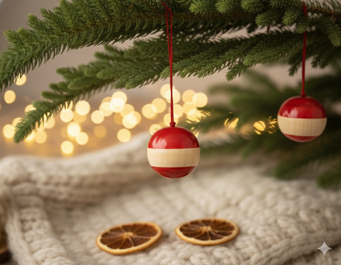 Classic Christmas Tree Decoration - Handmade Wooden Red Bauble Ornament
