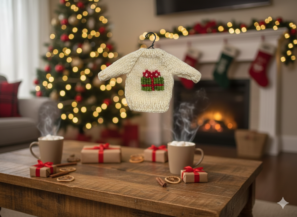 Hand-Stitched Mini Sweater Gift/Ornament (White with Gift Box stitch) – 5”