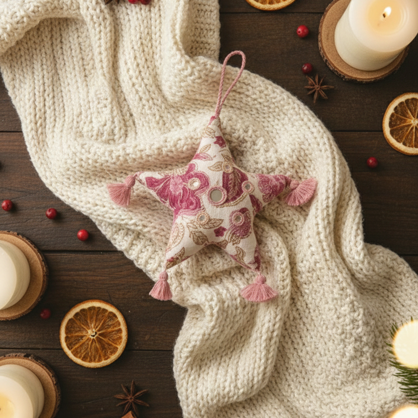 Artisan Stitched Holiday Decor - Fabric Sage Star - Green