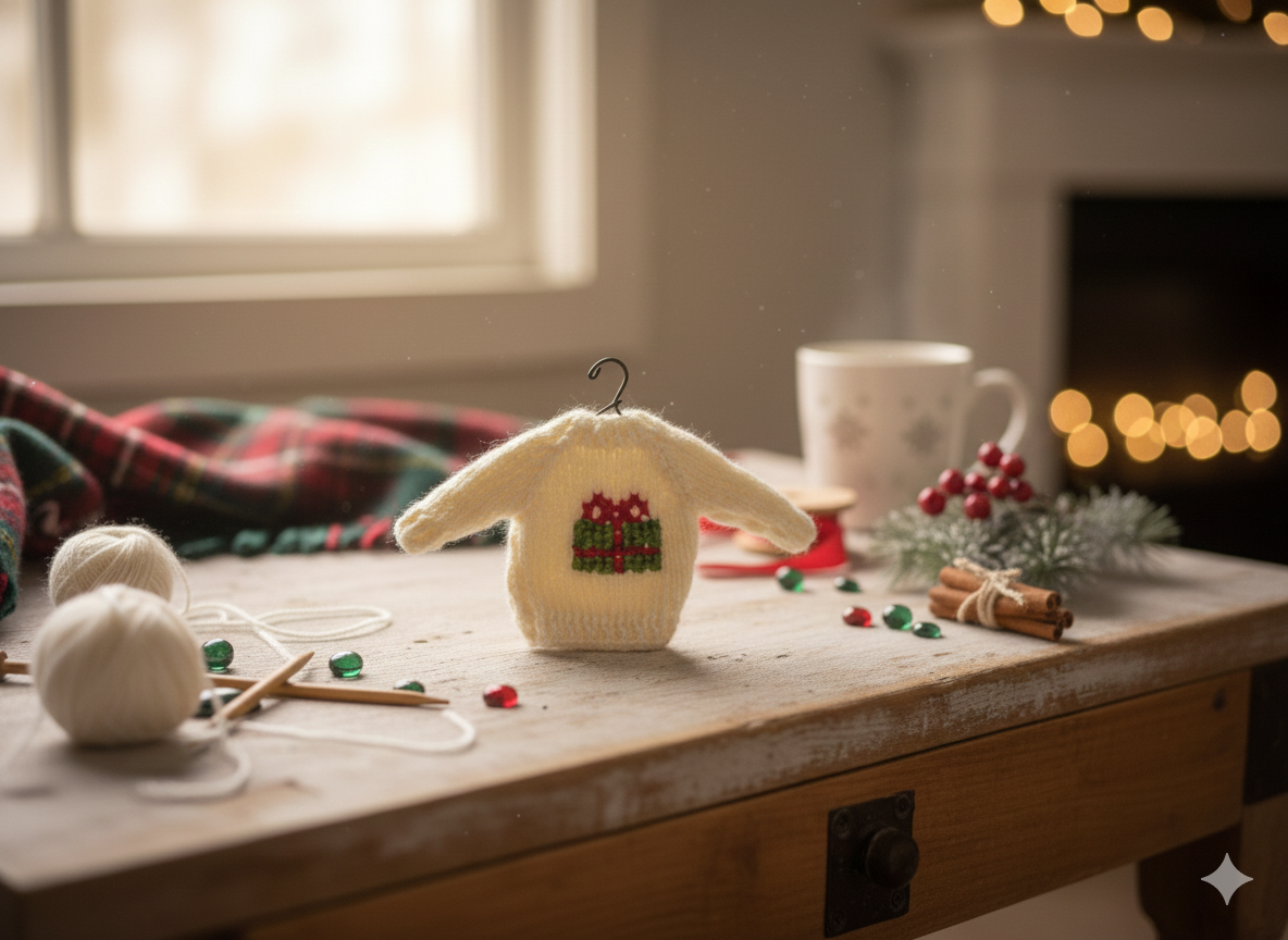 Hand-Stitched Mini Sweater Gift/Ornament (White with Gift Box stitch) – 5”